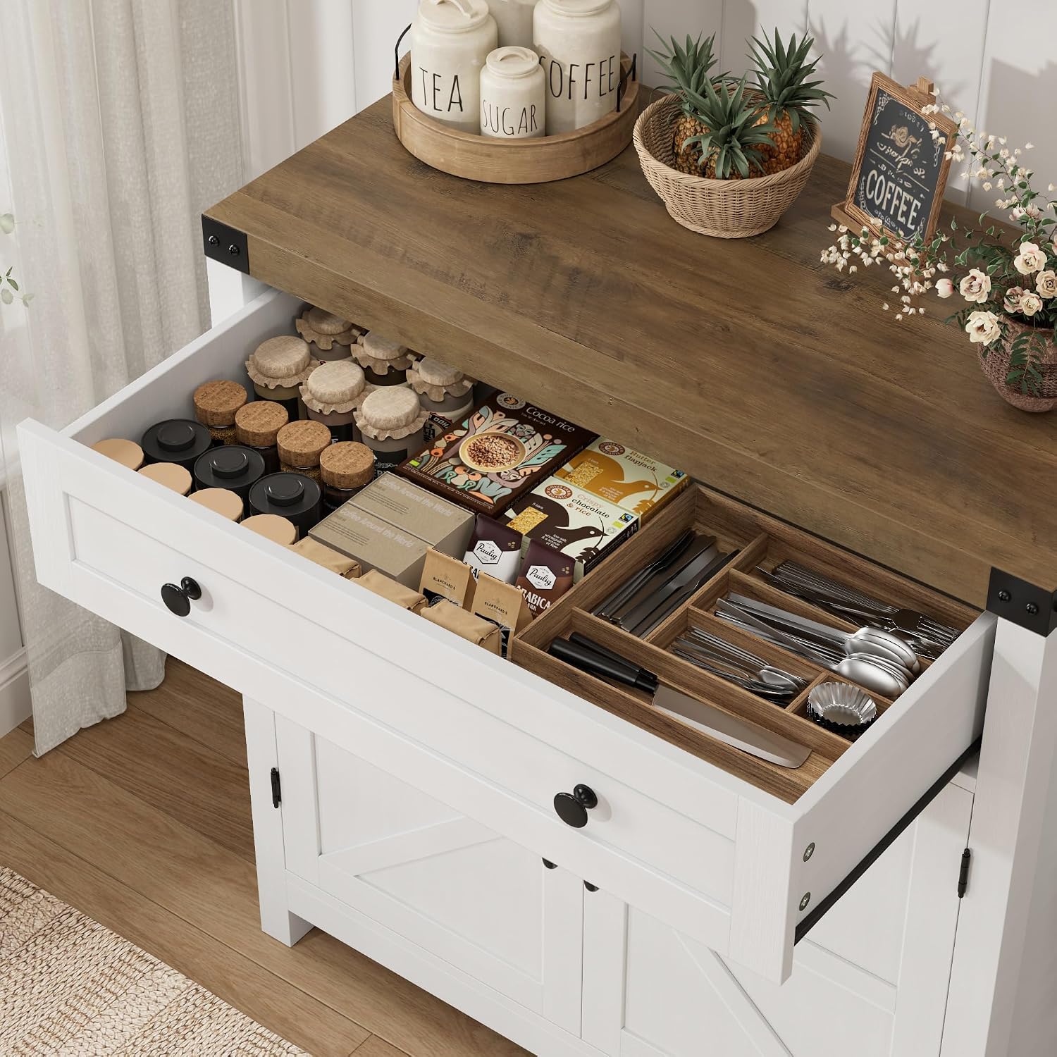 HOSTACK 31.5"W Kitchen Storage Cabinet, Farmhouse Coffee Bar Cabinet, White | Small Buffet Cabinet with Doors & Wide Drawer, Wood Sideboard Buffet, Entry Table w/ Adjustable Shelf for Dining Living Room