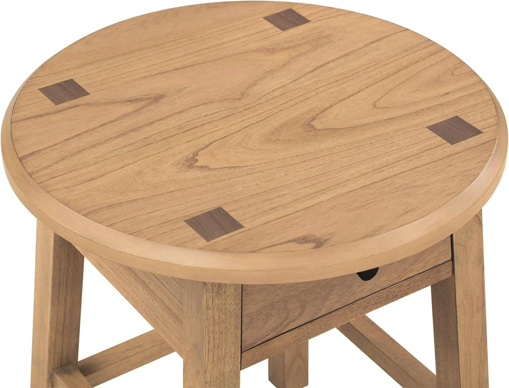 Solid Rubberwood Round Side Table with Drawer, Natural Oak Painted Finish Sofa End Table & Nightstand for Living Room, Bedroom