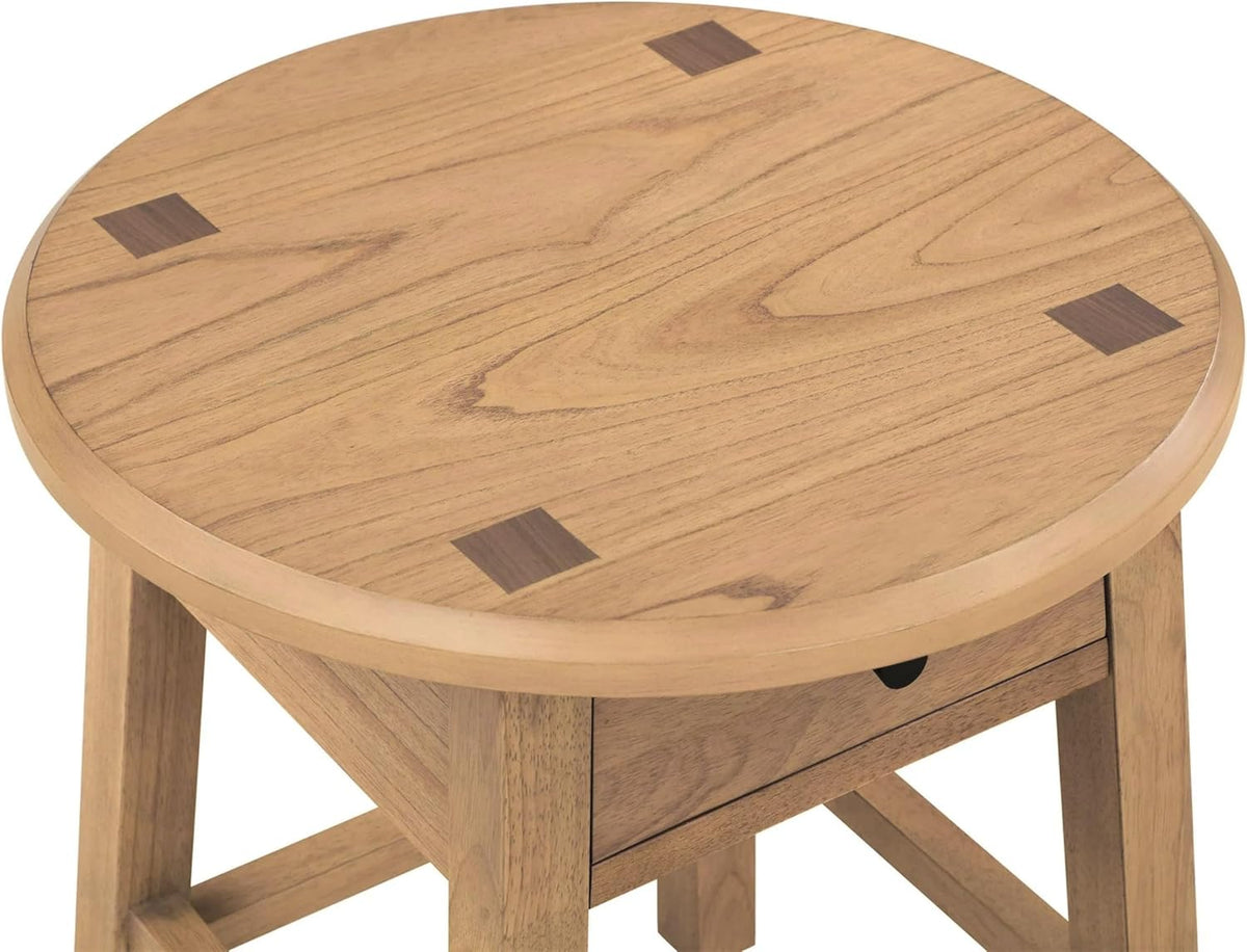 Solid Rubberwood Round Side Table with Drawer, Natural Oak Painted Finish Sofa End Table & Nightstand for Living Room, Bedroom