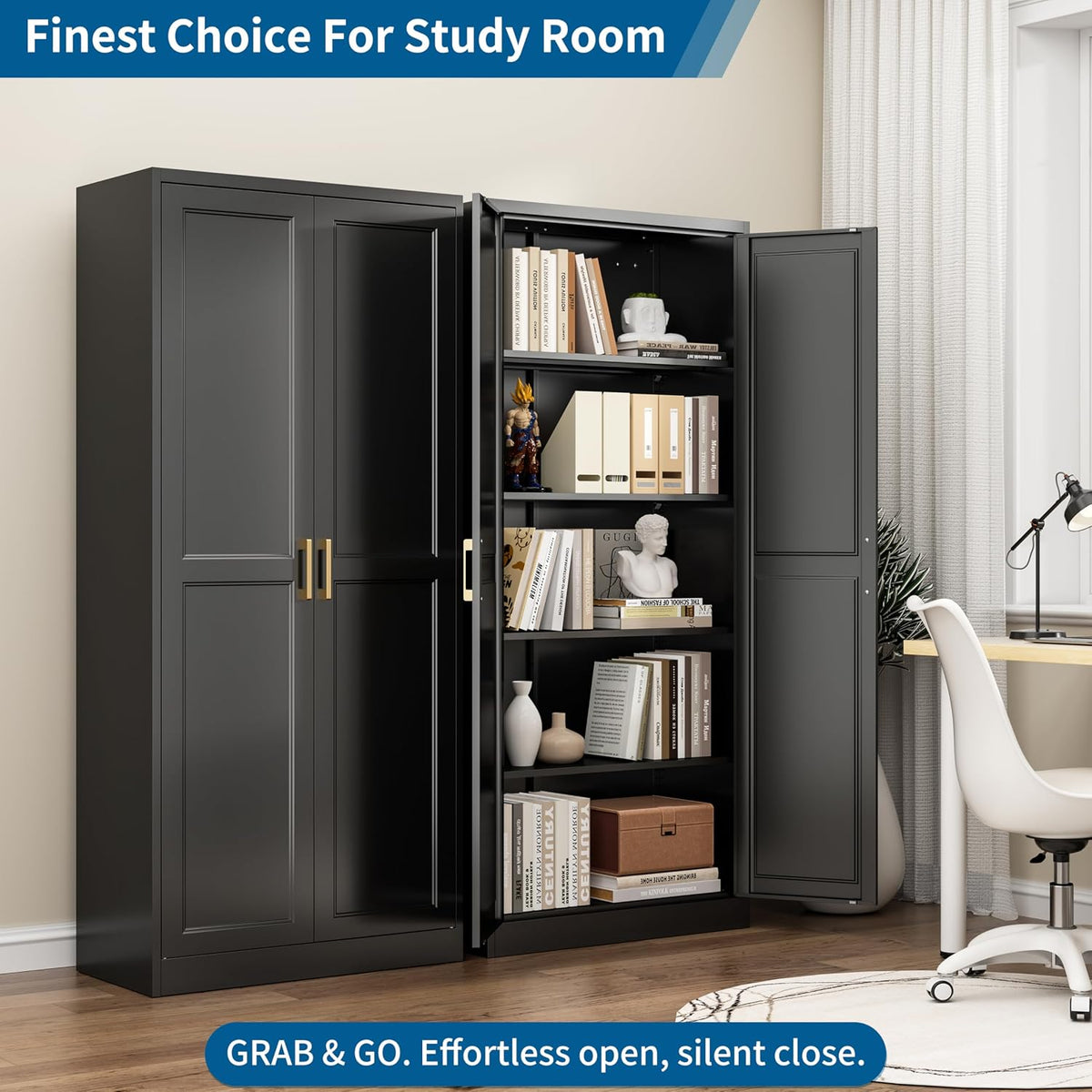 71" Black Metal Storage Cabinet with Doors, Heavy Duty | Freestanding Cupboard Kitchen Pantry Cabinet, 4 Adjustable Shelves, Gold Handles, Anti-Tip Tall Cupboard for Home and Garage