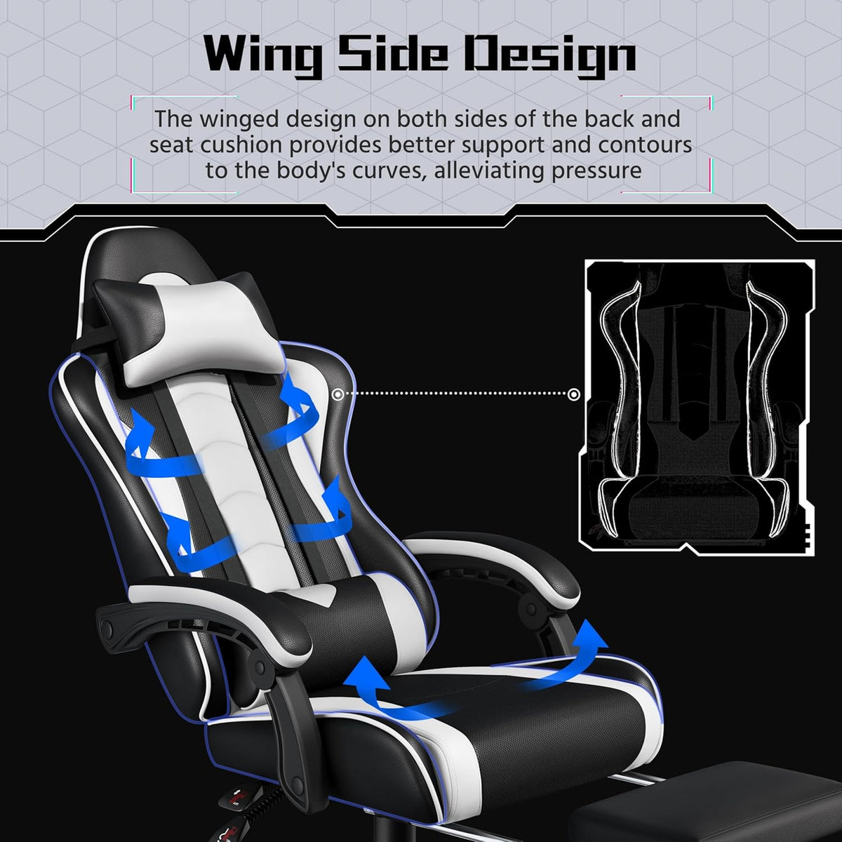 Yaheetech Gaming Chair with Footrest Massage Lumbar Pillow Black and White | Foam-padded PU leather racing seat and plush headrest recline with a slide-out footrest; metal frame supports up to 300 lb.