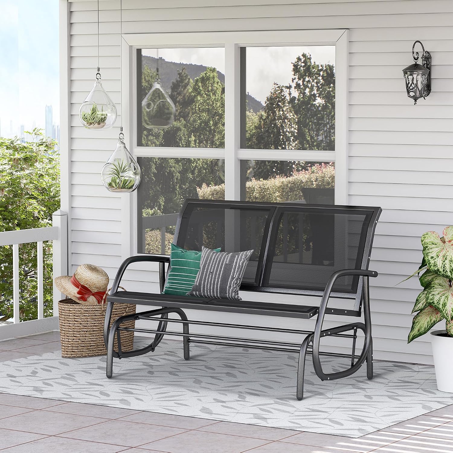 Outsunny 2-Person Outdoor Glider Bench with Steel Frame, Black | Double Swing Rocking Chair, Loveseat, for Outside Patio, Backyard, Garden, Porch, Powder Coated