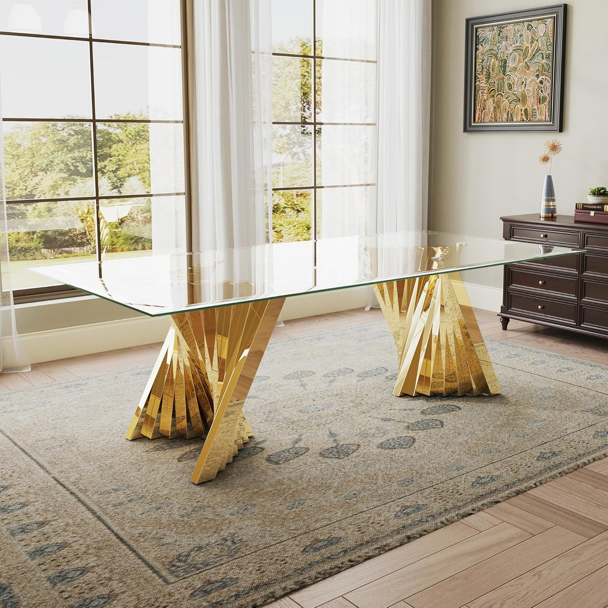 Luxury 94" Glass Dining Table for 8-10 People, Modern Rectangle Tempered Glass Top & Gold Stainless Steel Base, for Dining Room or Kitchen