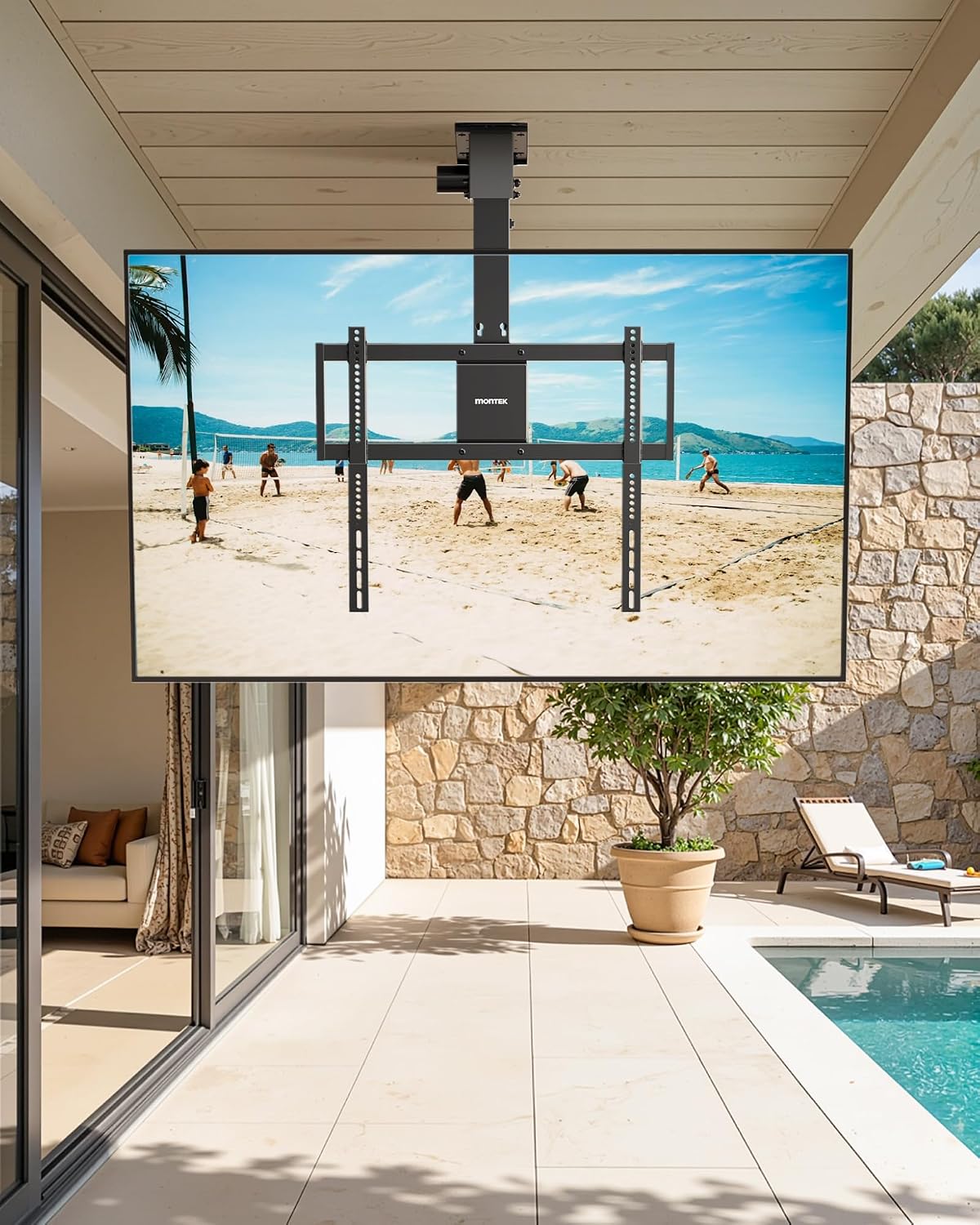 monTEK Motorized Ceiling TV Mount for 32-75 Inch TVs, Holds up to 121 lb | Lower VESA fit helps avoid ceiling contact; electric flip-down, remote/app/voice, max VESA 600x400 mm, flat/pitched ceilings