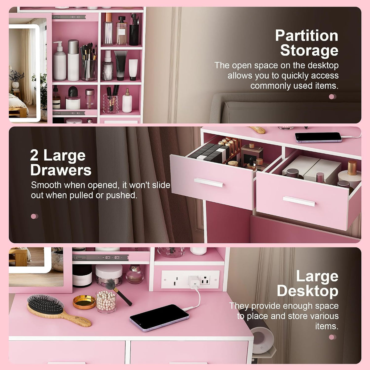 Small Vanity Desk Set with Mirror and Adjustable LED Lights, Compact Pink Dressing Table with Built-in Power Outlet and Hidden Storage, Padded Stool & Shelf, Space-Saving Makeup Table for Bedrooms