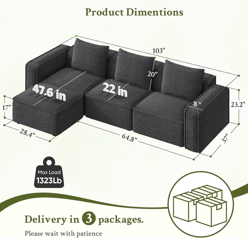 Welzona 103" Modular Sectional Sofa, Sectional Couch, Sofas for Living Room | Comfy Cloud Couch, Tool-Free Setup Couches for Living Room, Wood Frame L Shaped Couch with Ottoman, 22" Deep Seat, Grey Sofa