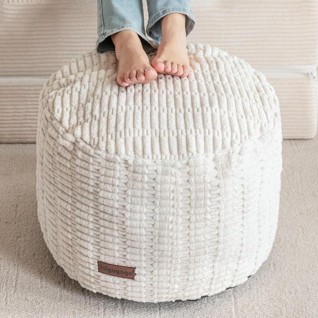 HIGOGOGO Pouf Ottoman Stuffed Round Modern Foam Filled Foot Rest Poufs for Living Room Chair Decorative 20 X 15 Inches Boho Relax Stool for Wedding Christmas Party, Beige