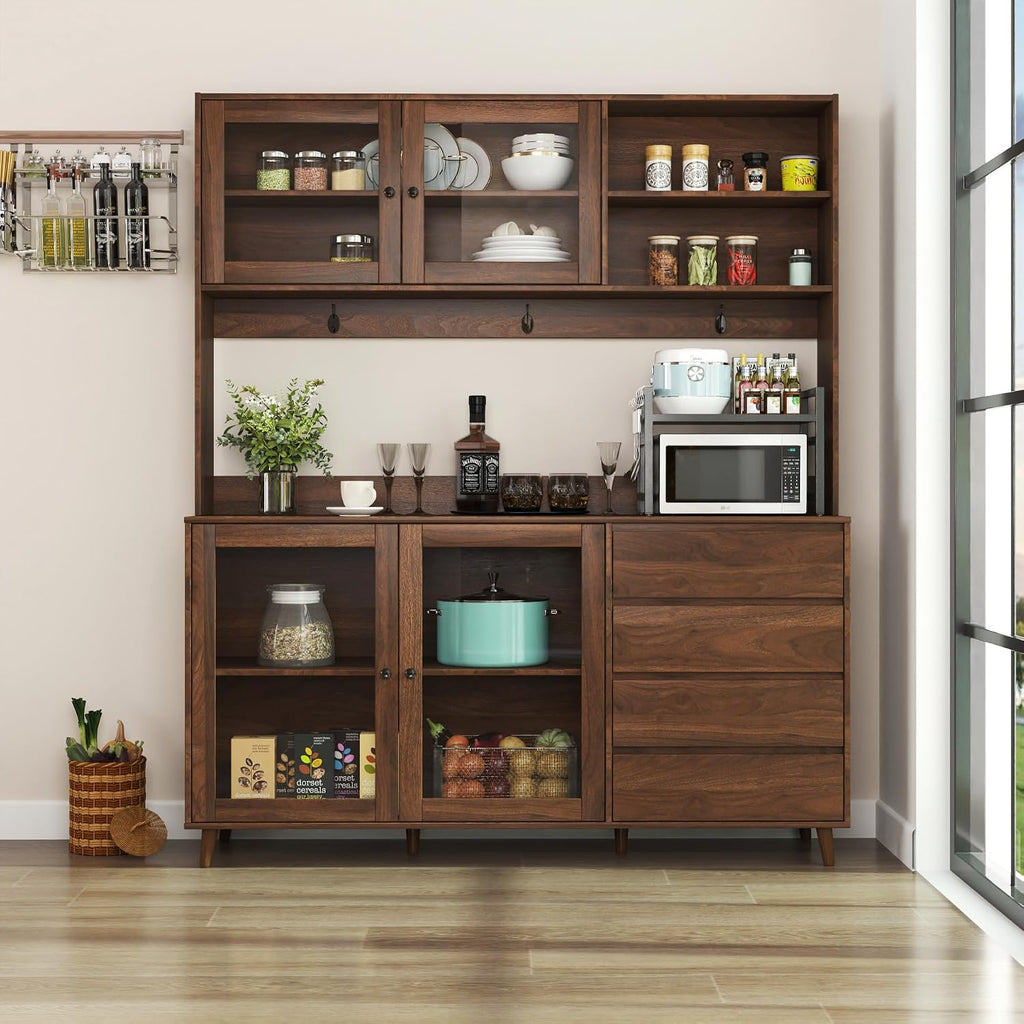 Dancongtea 63" Wide Large Kitchen Hutch Cabinet – Freestanding Pantry Storage with 4 Doors, 4 Drawers & Microwave Shelf – Walnut Finish for Kitchen, Dining Room, Pantry Organization