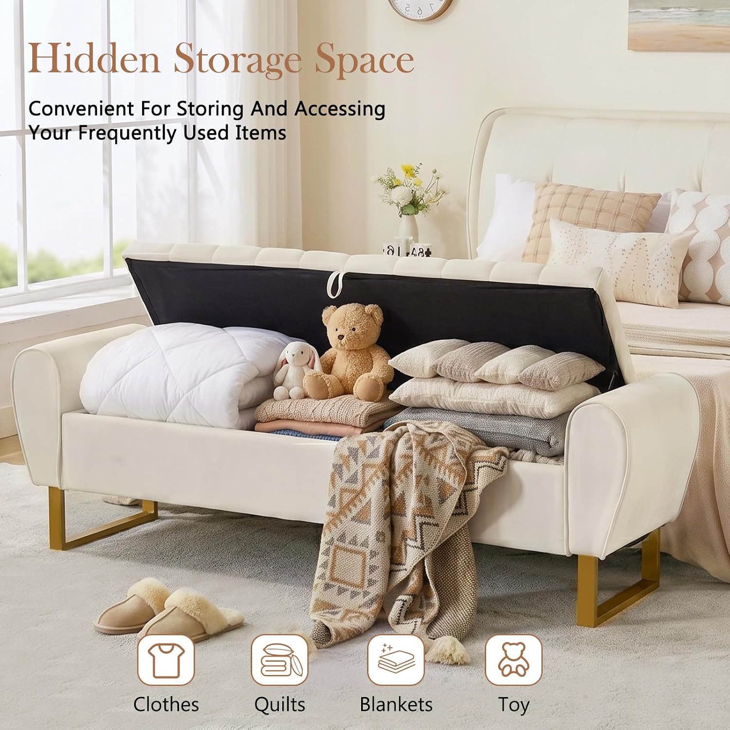 67'' King Size End of Bed Storage Bench for Bedroom, Bedroom Benches for Foot of Bed King with Gold Legs, Storage Ottoman Bench with Storage for Bedroom, Velvet Beige