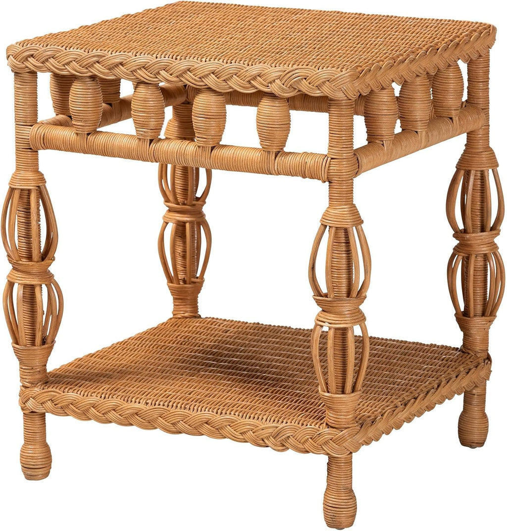 Bali & pari Dolby Natural Rattan End Table - Handwoven Wicker Side Table with Lower Shelf, Coastal Boho Style Accent Table for Living Room or Bedroom