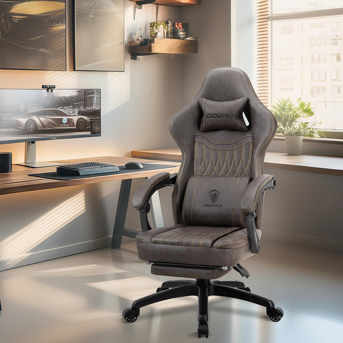 Dowinx Gaming Chair Breathable PU Leather Gamer Chair with Footrest Massage Lumbar Support, Big and Tall Ergonomic Reclining Computer Chair with Pocket Spring Cushion for Adults Teens (Brown)