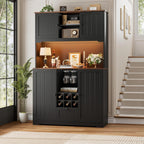 FINETONES 71" Kitchen Pantry Cabinet with LED Light and Charging Station | 71" Pantry Cabinet with Microwave Stand, Kitchen Hutch Food Storage Cabinet with Outlet and Wine Racks, Black