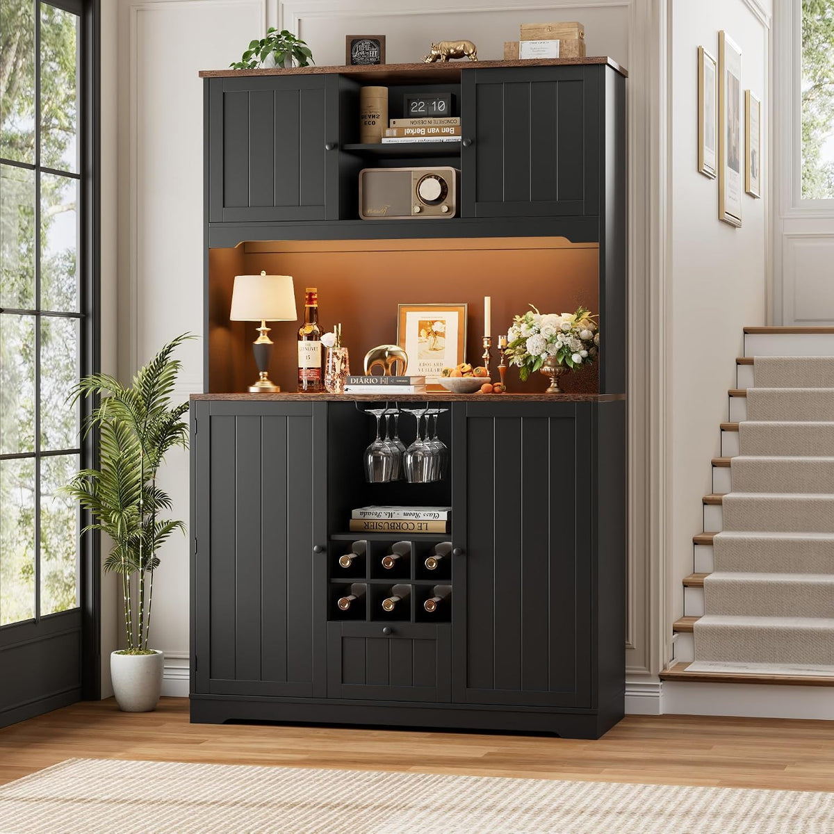 FINETONES 71" Kitchen Pantry Cabinet with LED Light and Charging Station | 71" Pantry Cabinet with Microwave Stand, Kitchen Hutch Food Storage Cabinet with Outlet and Wine Racks, Black