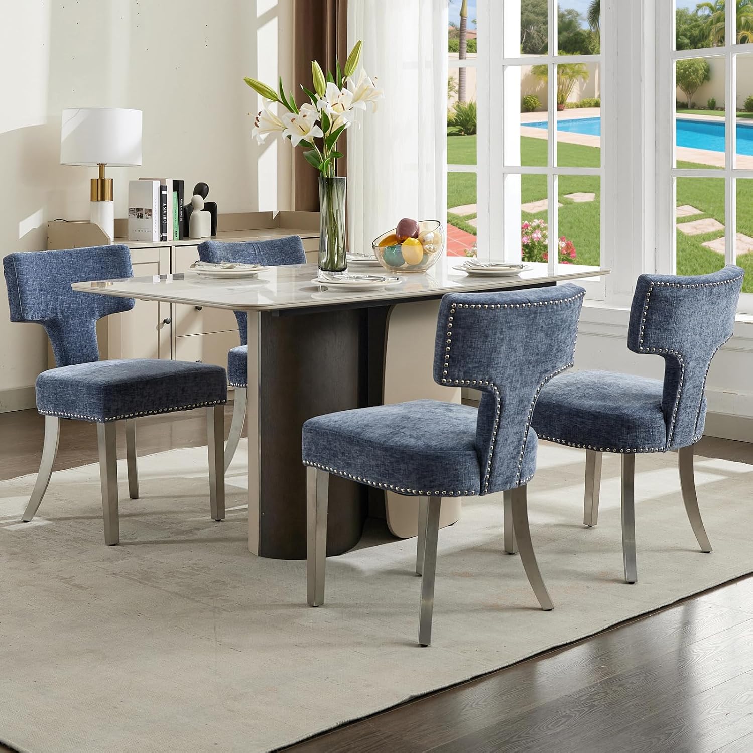 Shenyon Mid Century Modern Dining Chairs Set of 4, Chenille Fabric Upholstered Dining Room Chairs Curved Backrest with Nailhead Trim, Kitchen Chairs with Silver Stainless Steel Legs, Blue