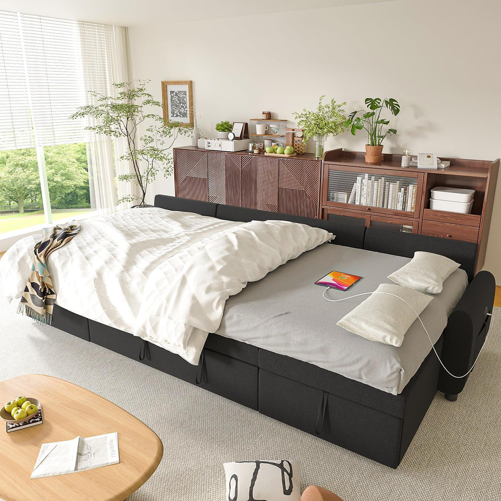 Ucloveria Sectional Sleeper Sofa Bed, 112" U-Shaped Sectional Couches for Living Room with Pull Out Bed, Oversize Couch Bed with Dual Reversible Storage Chaise | USB Charging | Side Pockets, Black