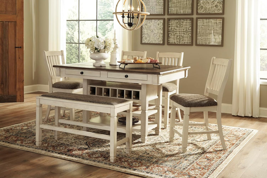 Signature Design by Ashley Bolanburg Double Upholstered Bench, Counter Height, Whitewash