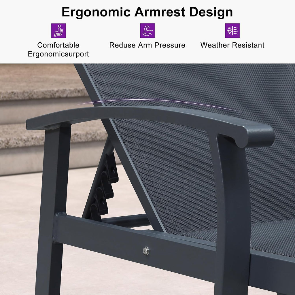 PURPLE LEAF Chaise Lounge Chair Outdoor 2 Pieces Pool Lounge Chairs 5 Adjustable Position with Armrests and Side Table, Aluminum Patio Lounge Chair for Outside, Backyard, Pool, Grey