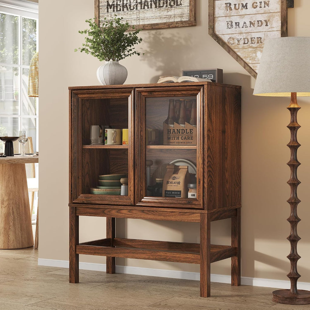 Sideboard Buffet Cabinet with Storage, Small Kitchen Coffee Wine Bar Cabinet with Glass Press-to-Open Doors, Wood Mid Century Modern Side Board Table for Dining Room, Living Room, Walnut