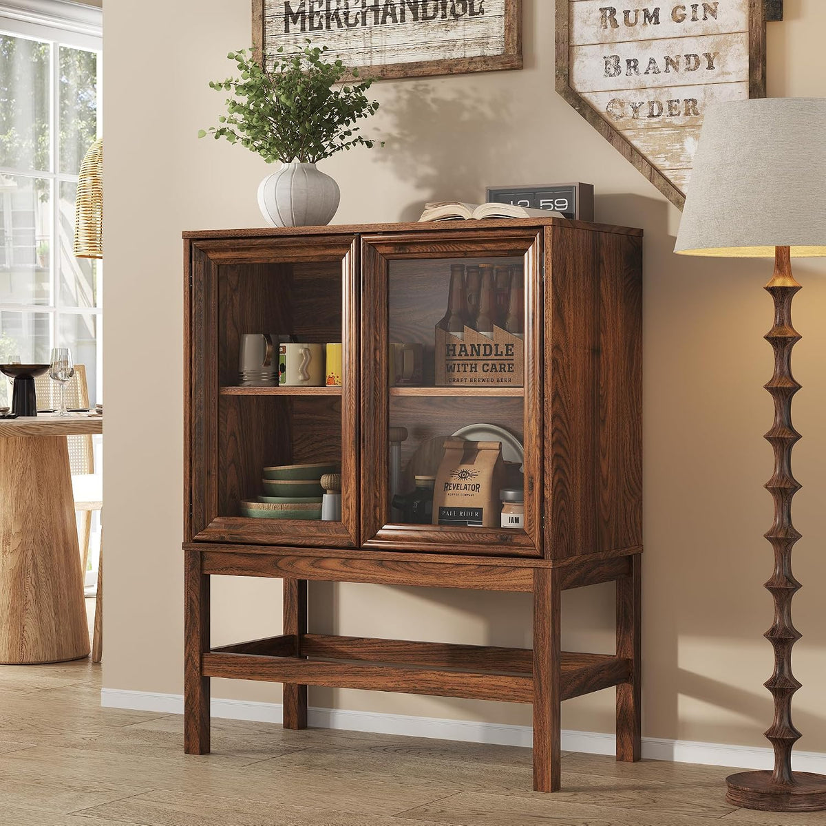 Sideboard Buffet Cabinet with Storage, Small Kitchen Coffee Wine Bar Cabinet with Glass Press-to-Open Doors, Wood Mid Century Modern Side Board Table for Dining Room, Living Room, Walnut