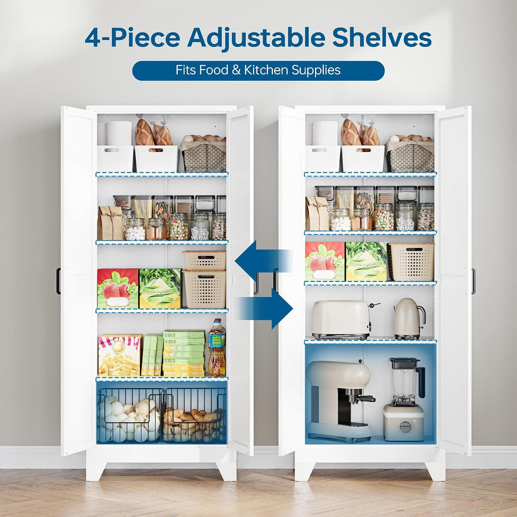 PEUKC 75" Farmhouse Metal Storage Cabinet with Doors and 4 Adjustable Shelves, Large Pantry Organizer for Kitchen, Dining Room, and Living Room,Assemble Require(White)