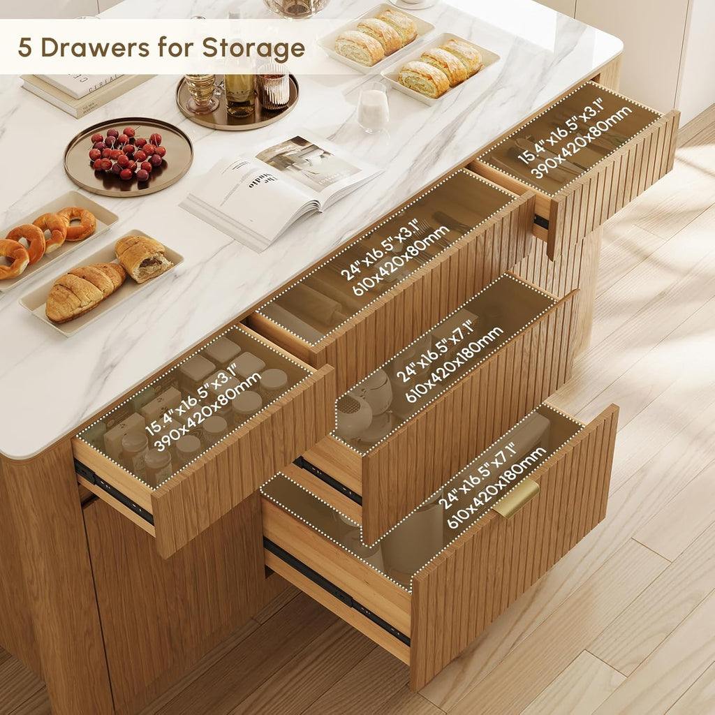 homary Kitchen Island with Storage with Sintered Stone Top, Solid Rubberwood Base with Ash Veneer, 72" Large Stationary Kitchen Cabinet with 5 Drawers, Trash Storage & Shelves, Modern Fluted Design
