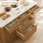 homary Kitchen Island with Storage with Sintered Stone Top, Solid Rubberwood Base with Ash Veneer, 72" Large Stationary Kitchen Cabinet with 5 Drawers, Trash Storage & Shelves, Modern Fluted Design