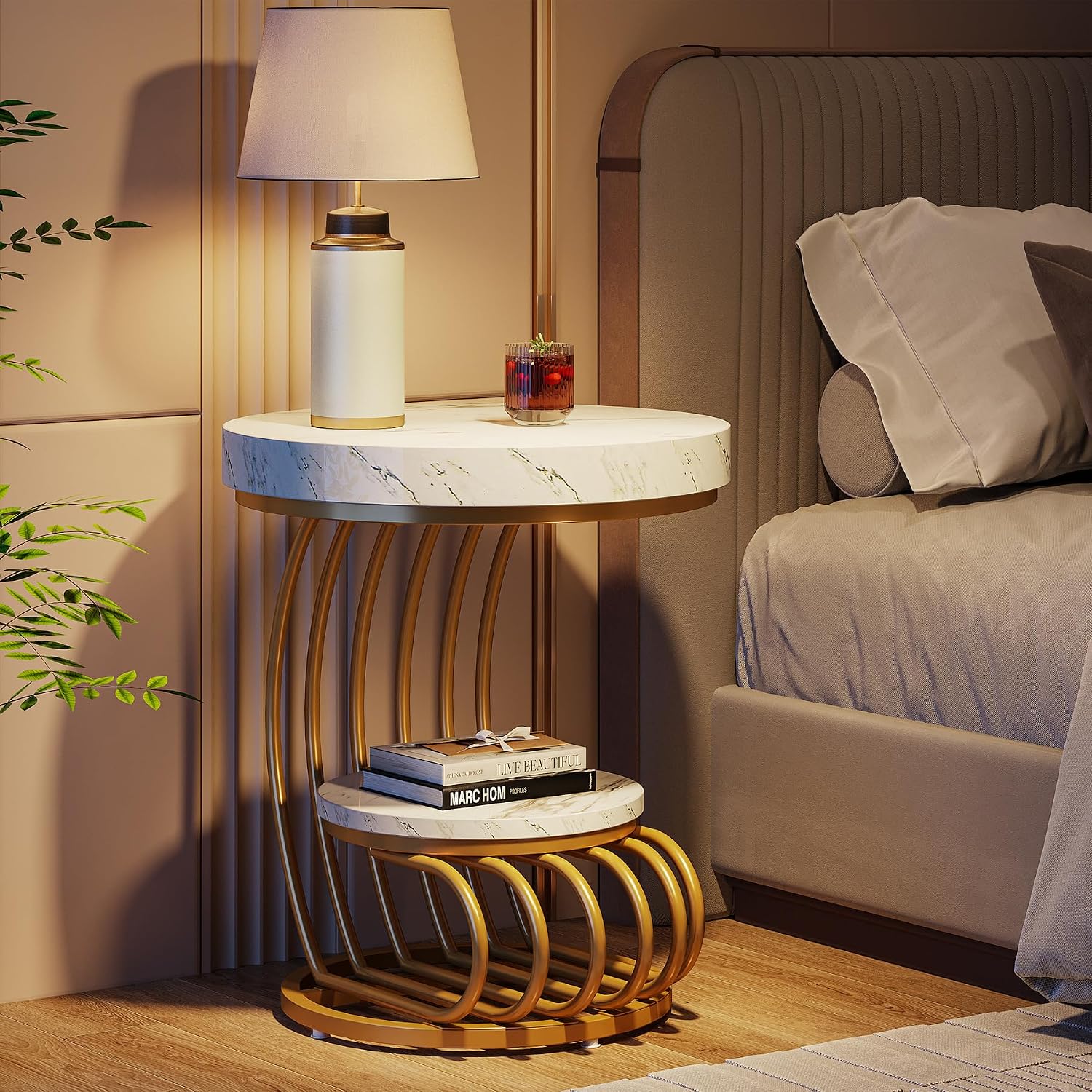 Tribesigns Round End Table, 2-Tier Modern Wood Side Table with Shelf Storage, Faux Marble Sofa Side Bedside Nightstand, Arc-Shaped Frame Accent Furniture for Living Room, Gold & White