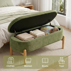 Storage Bench Ottoman With Hidden Storage And Corduroy Fabric, Green | Oval Upholstered Bench For Bedroom, Living Room, Entryway, Or Under Window With Soft Seat, Safety Hinge, And Wood Legs