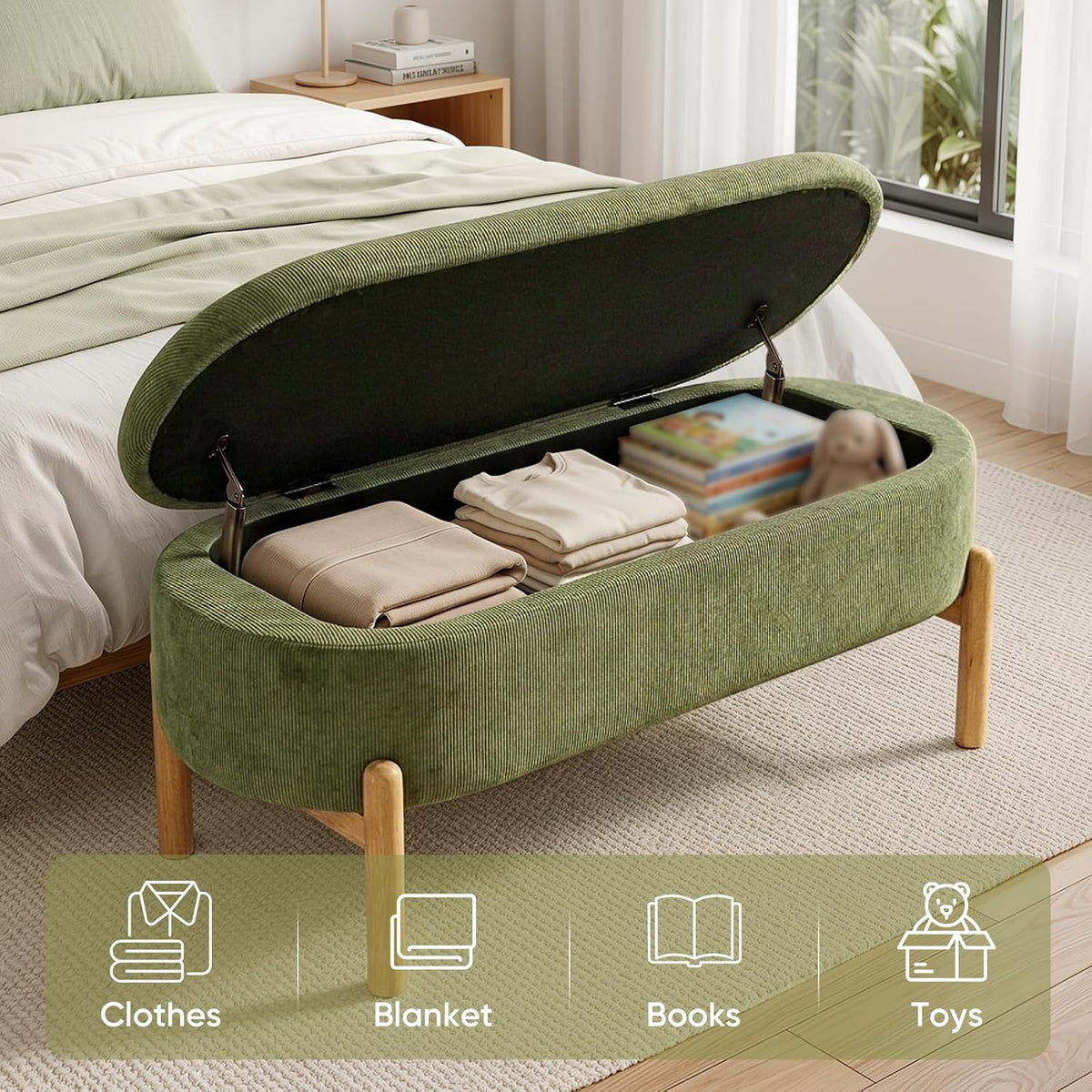 Storage Bench Ottoman With Hidden Storage And Corduroy Fabric, Green | Oval Upholstered Bench For Bedroom, Living Room, Entryway, Or Under Window With Soft Seat, Safety Hinge, And Wood Legs