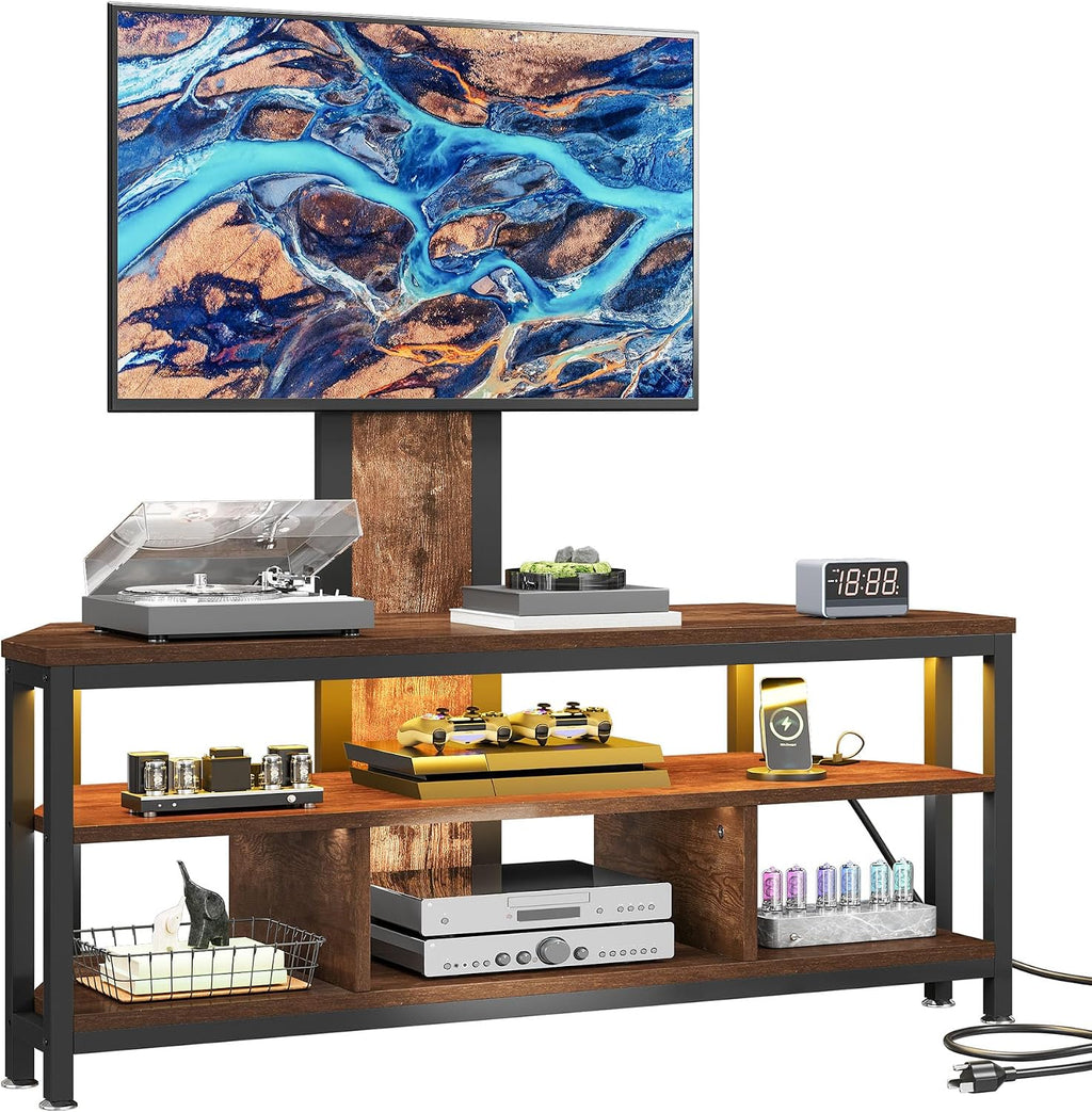 DWVO Corner TV Stand with Mount & LED, Height Adjustable, Rustic Brown | Entertainment Center With Height Adjustable Mount, Led Lights, Power Outlet, Corner Design, Fits 60-70 Inch Tvs, Rustic Style