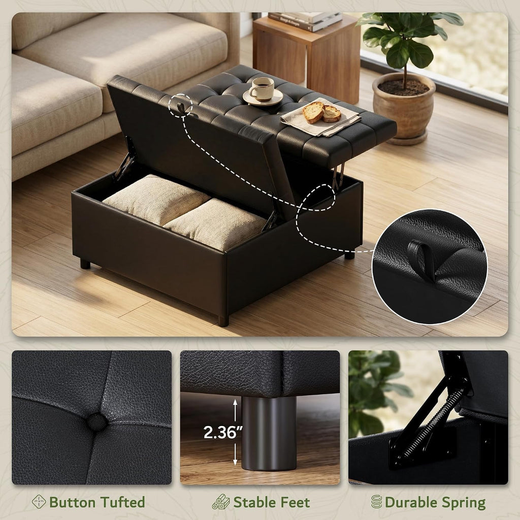 Black Leather 36 Inch Extra Large Lift Top Living Room Storage Ottoman | LINLUX Tufted Upholstered Shoe Storage Entry Bench, Bed Benches For Foot Rest, Lift Footrest For Dorm Bedroom Office