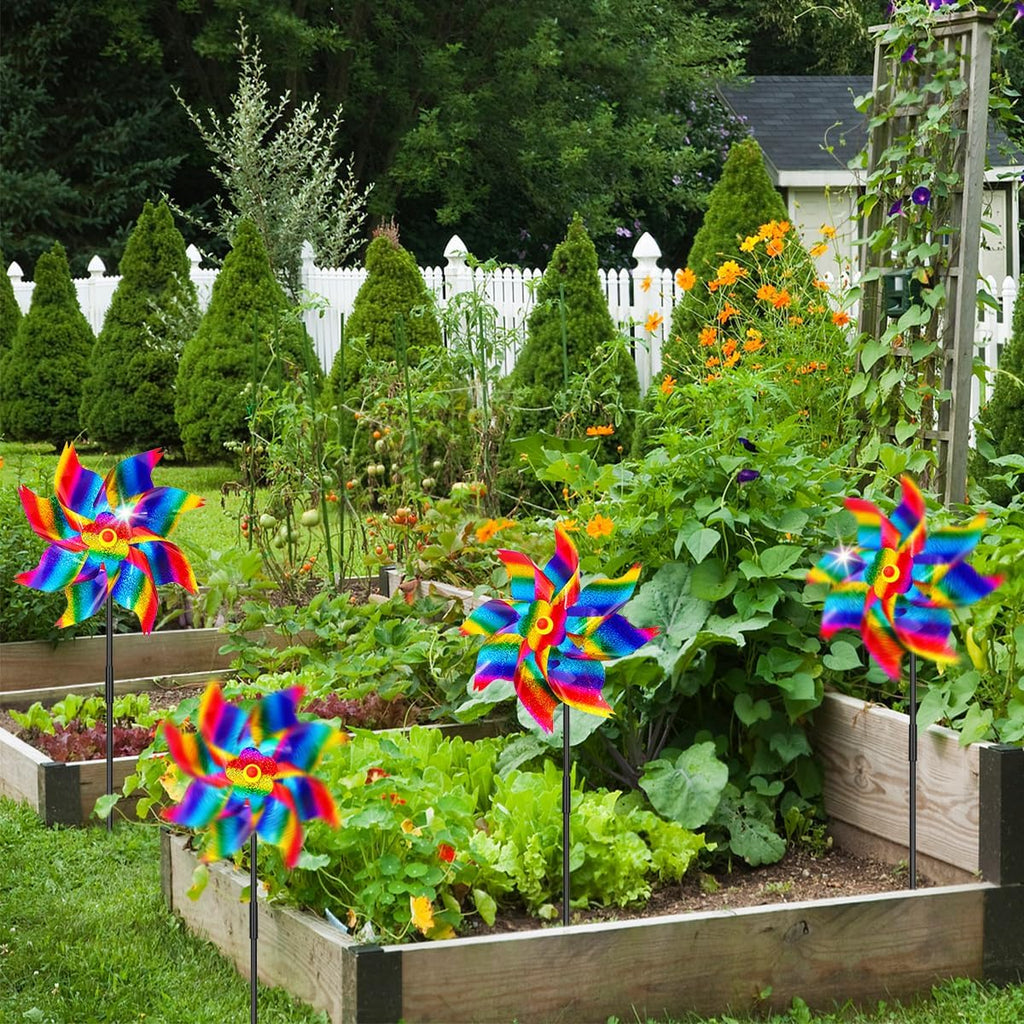 6Pcs Sparkly Pinwheels for Yard and Garden, Reflective Colorful Wind Spinners Yard Decorations Outdoor Windmill, 9.5in Garden Pinwheels to Scare Birds