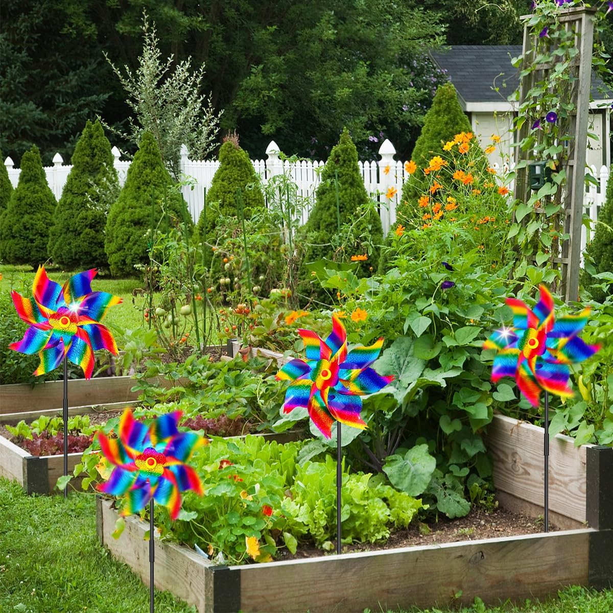 6Pcs Sparkly Pinwheels for Yard and Garden, Reflective Colorful Wind Spinners Yard Decorations Outdoor Windmill, 9.5in Garden Pinwheels to Scare Birds