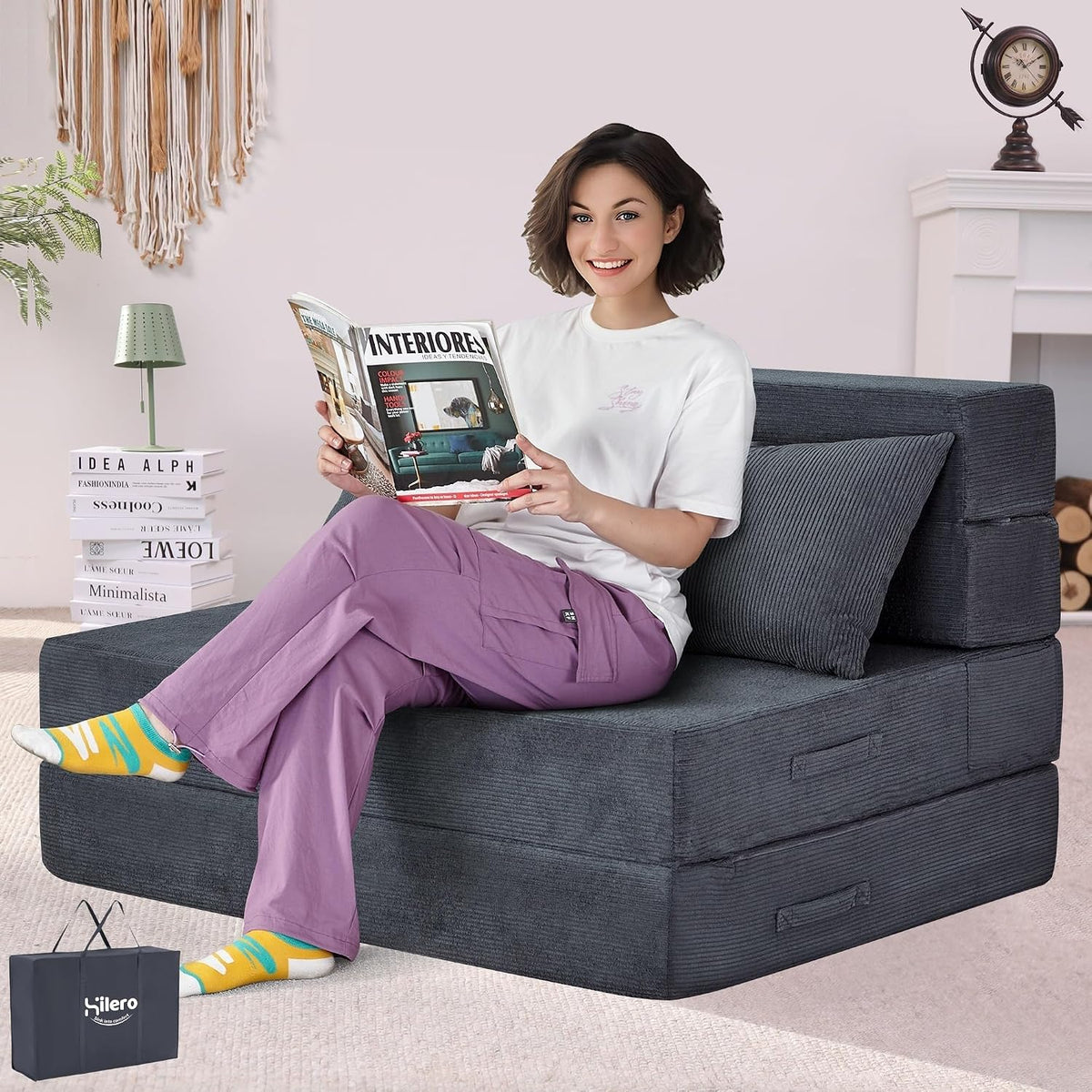 Folding Sofa Bed, Convertible Sleeper Chair Bed, Floor Sofa with Bag | Fold out chair bed/ couch bed, Foam floor futon sofa bed with pillow for guest/ visitor use as temporary floor bed, for adult