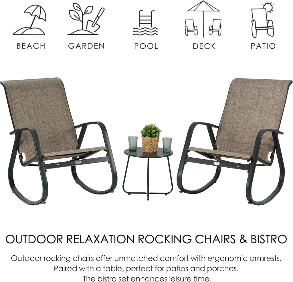 Kozyard 3-Piece Outdoor Rocking Chair Set, Patio Bistro Set with 2 Sling Rockers and Side Table,Powder-Coated Aluminum Frame, Breathable Textilene Fabric for Porch, Garden, Balcony, Beige