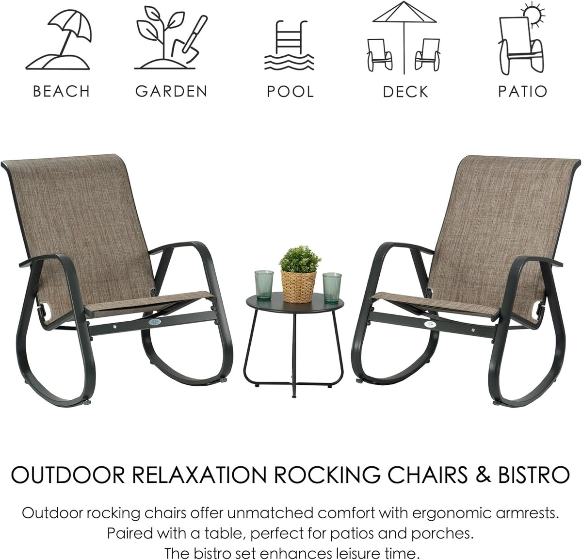 Kozyard 3-Piece Outdoor Rocking Chair Set, Patio Bistro Set with 2 Sling Rockers and Side Table,Powder-Coated Aluminum Frame, Breathable Textilene Fabric for Porch, Garden, Balcony, Beige