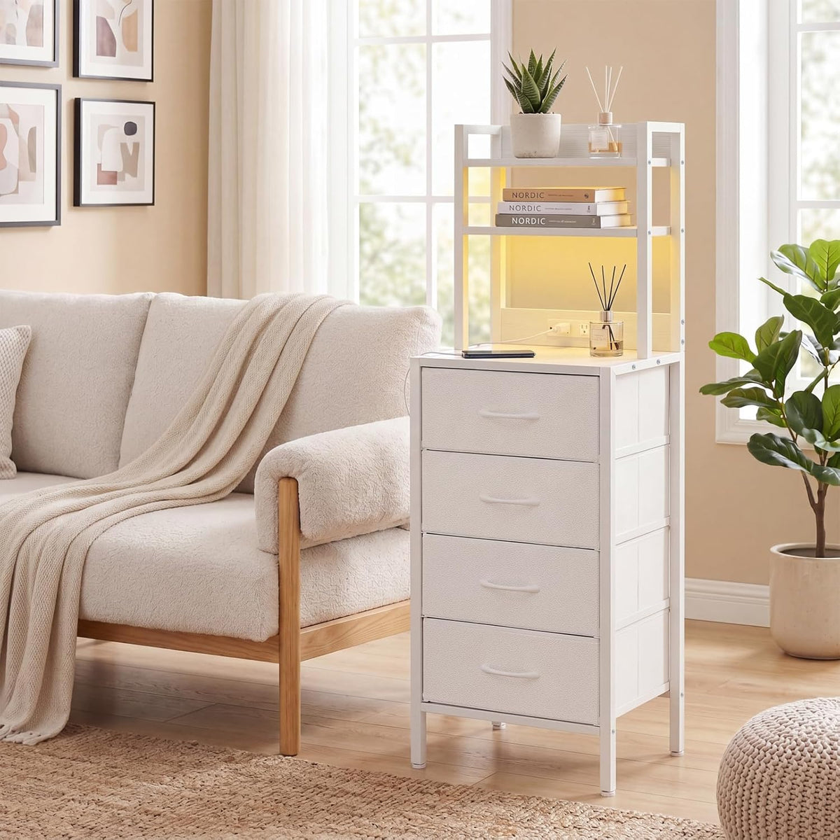 Fixwal 47 Inch Tall Nightstand with Charging Station, Led Night Stand with Socket, 4 PU Finished Fabric Storage Drawers, Office, Bedside Table & Bookshelf in One, White