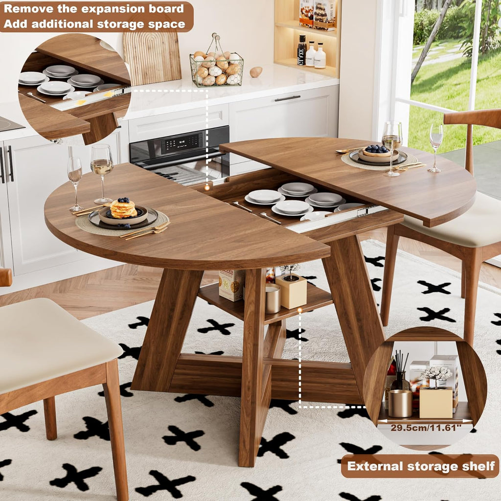 43.3in-59in Extendable Dining Table for 4-6, Round Kitchen Dining Room Table with Removable Leaves Space Saving, Space Saving, Wooden Cross Base with Storage Shelf for Kitchen Living Room (Walnut)