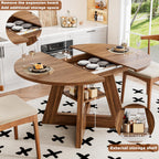 43.3in-59in Extendable Dining Table for 4-6, Round Kitchen Dining Room Table with Removable Leaves Space Saving, Space Saving, Wooden Cross Base with Storage Shelf for Kitchen Living Room (Walnut)
