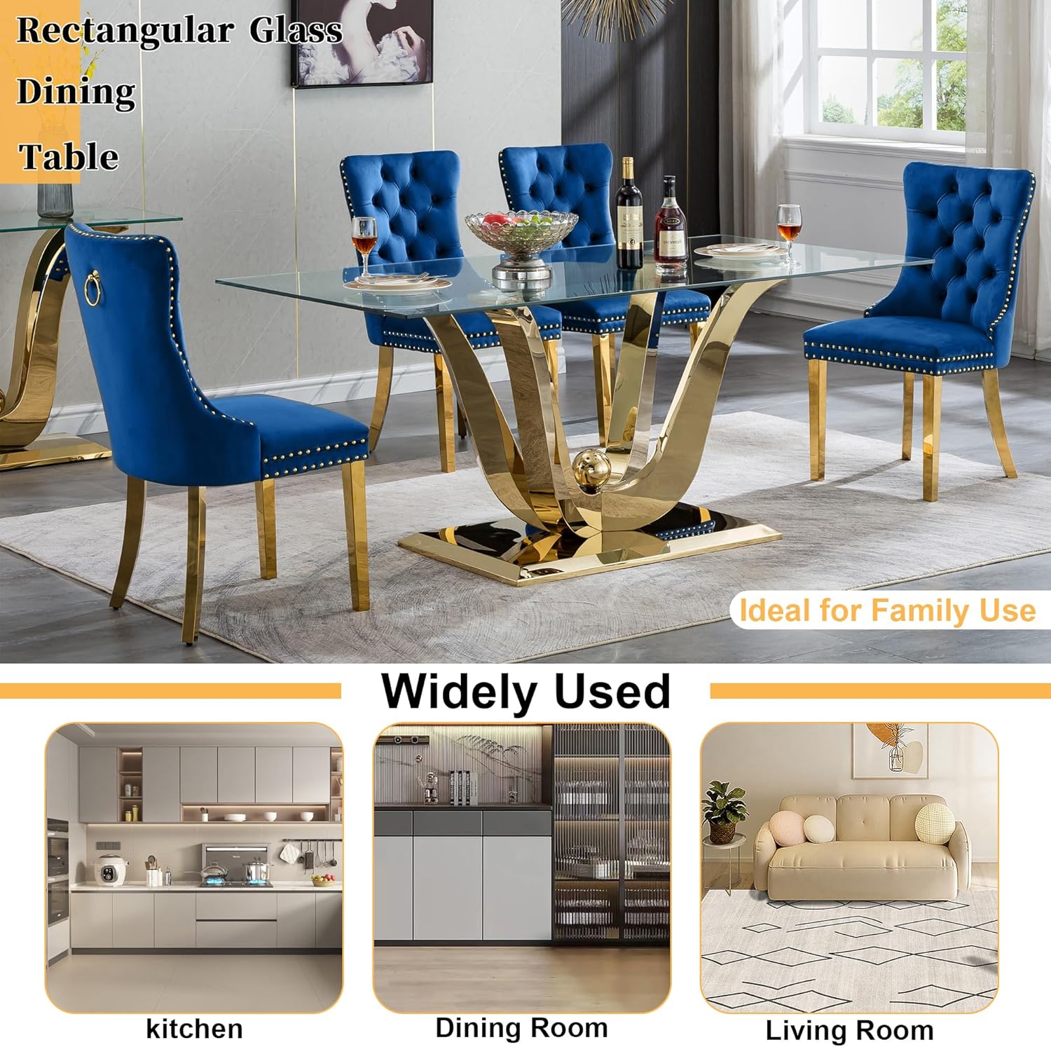 70" Modern Glass Dining Table for 6-8, Luxury Gold Glass Dining Room Table with Mirrored Floral-Shape Stainless Steel Base, Rectangle Kitchen Dinner Tables for Dining Room Kitchen