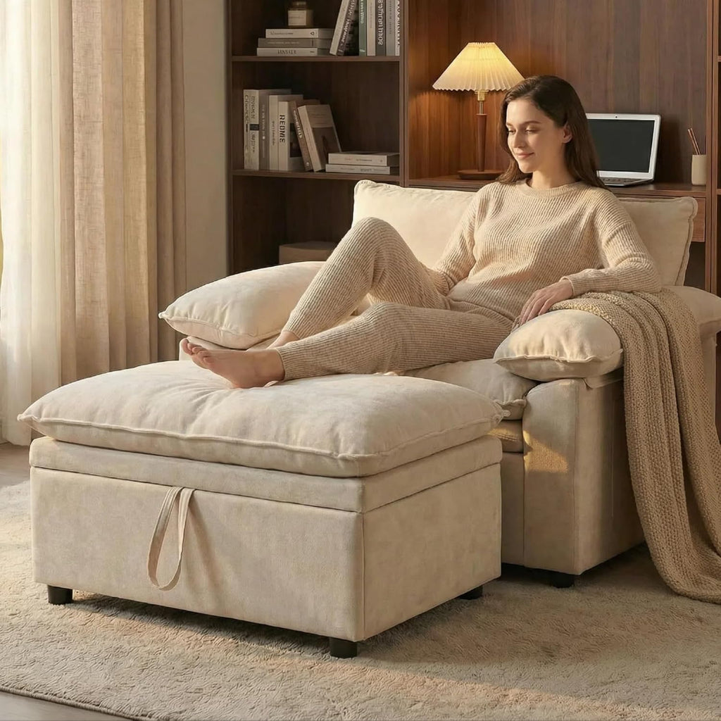 Furnimart Oversized Chair with Storage Ottoman, 44" Wide Cloud Chair and Ottoman Set with Chunky Cushion, Comfy Lounge Reading Chair for Living Room Bedroom Office – Beige