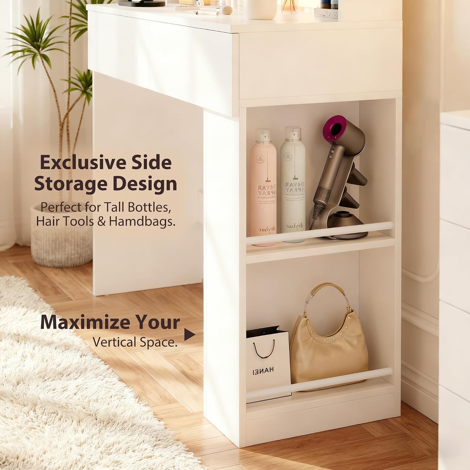 Furmax Vanity Desk with Mirror and LED Lights, White with Bench | Makeup Vanity Table with 3 Lighting Color, Adjustable Brightness, Vanity Table with 2 Drawers, Side Storage, for Bedroom