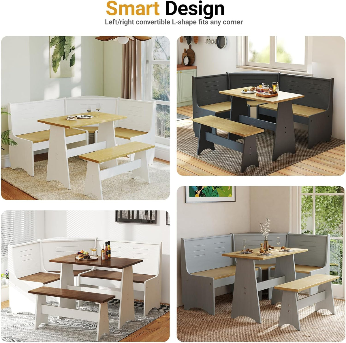 ENOR 3-5 People Breakfast Nook Set, L-Shaped Corner Dining Table with Bench, Hidden Storage Space Saving Convertible for Family Home Black Wood