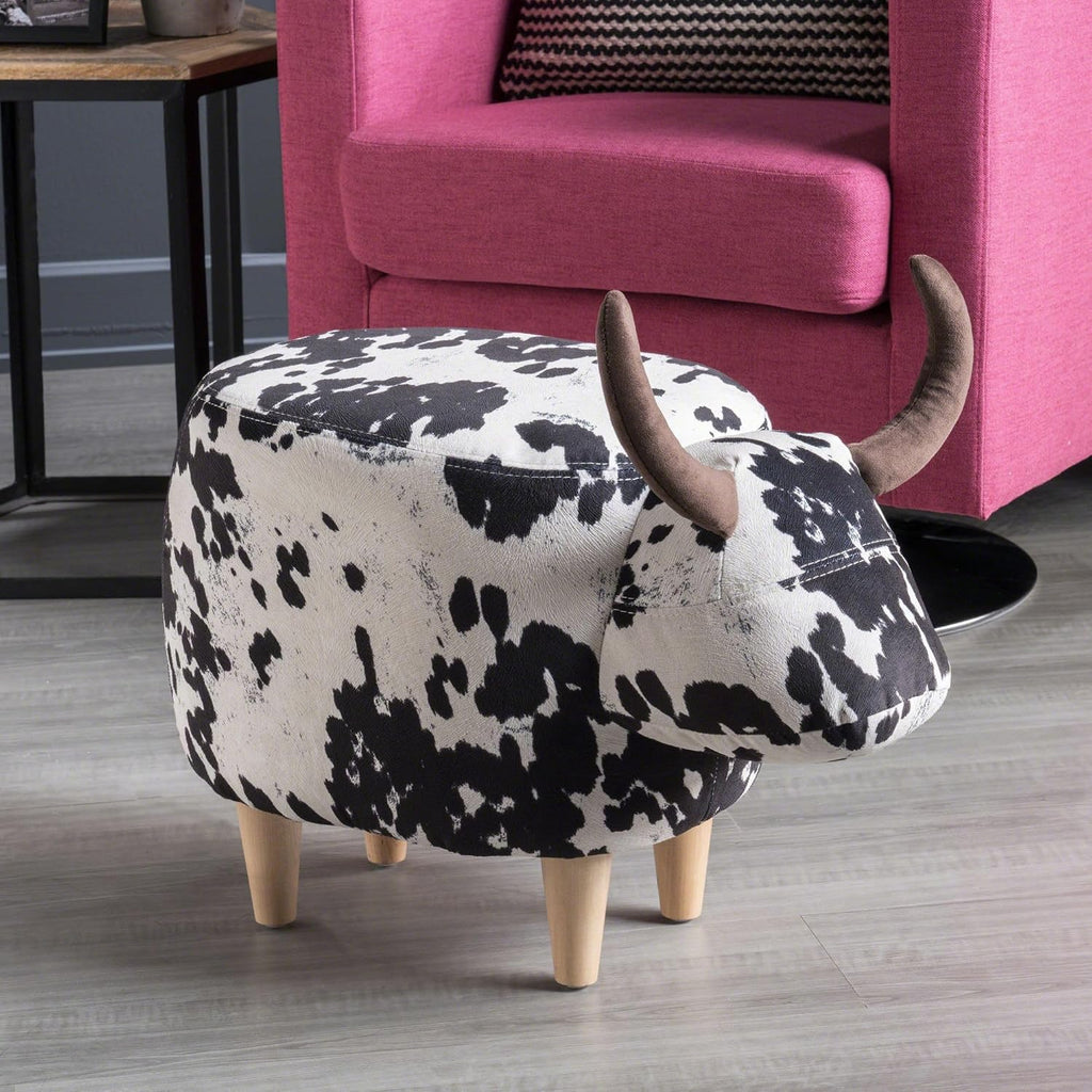 Modern Ottoman, Cow-Shaped Velvet Accent Footstool with Birch Legs for Living Room, Bedroom, Porch, Garden, Balcony Decor, Artsy Animal Print Foot Stool, Cute Foot Rest for Couch Sofa(Black + White