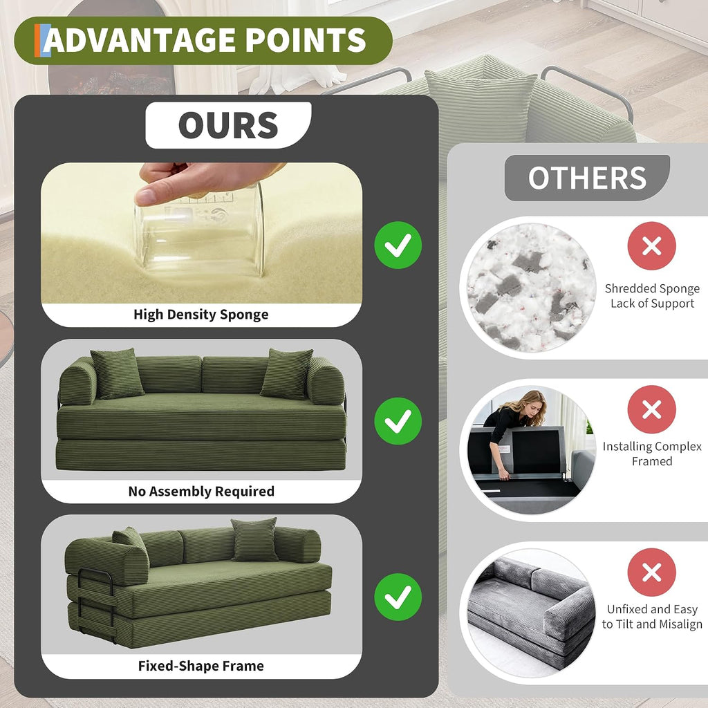GarveeHome 79" Convertible Sleeper Sofa Bed Couch, 4-in-1 Corduroy Folding Sofa Bed with Pillow & Fixed-Shape, Floor Mattress Couch Loveseat for Living Room Apartments - No Assembly, Green