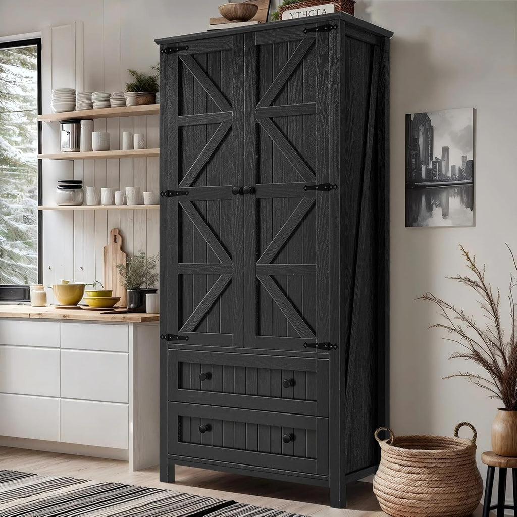 DWVO Farmhouse Kitchen Pantry Cabinet, 64.5" Tall Storage Cabinet with 2 Drawers and Adjustable Shelves, Versatile Storage for Living Room, Dining Room or Hallway, Oak Black