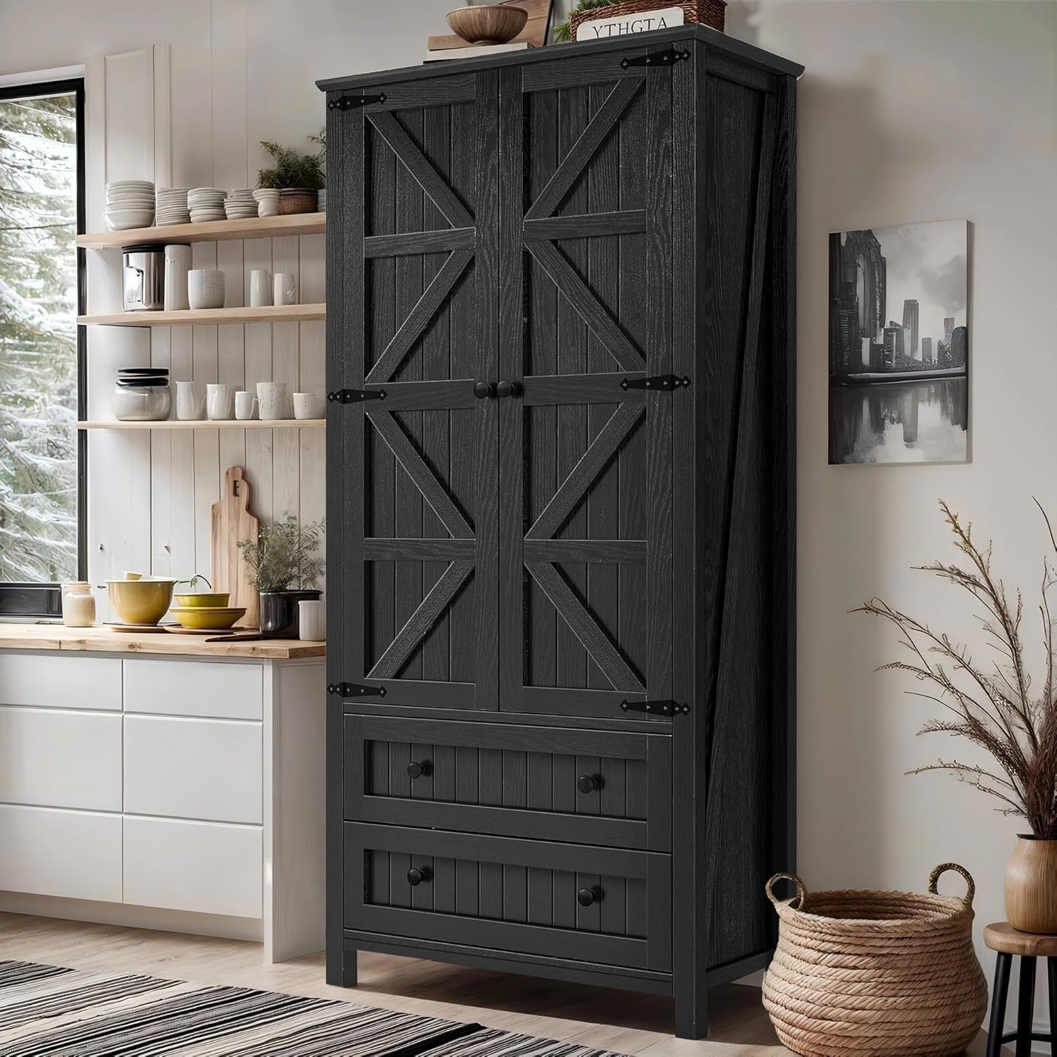 DWVO Farmhouse Kitchen Pantry Cabinet, 64.5" Tall Storage Cabinet with 2 Drawers and Adjustable Shelves, Versatile Storage for Living Room, Dining Room or Hallway, Oak Black