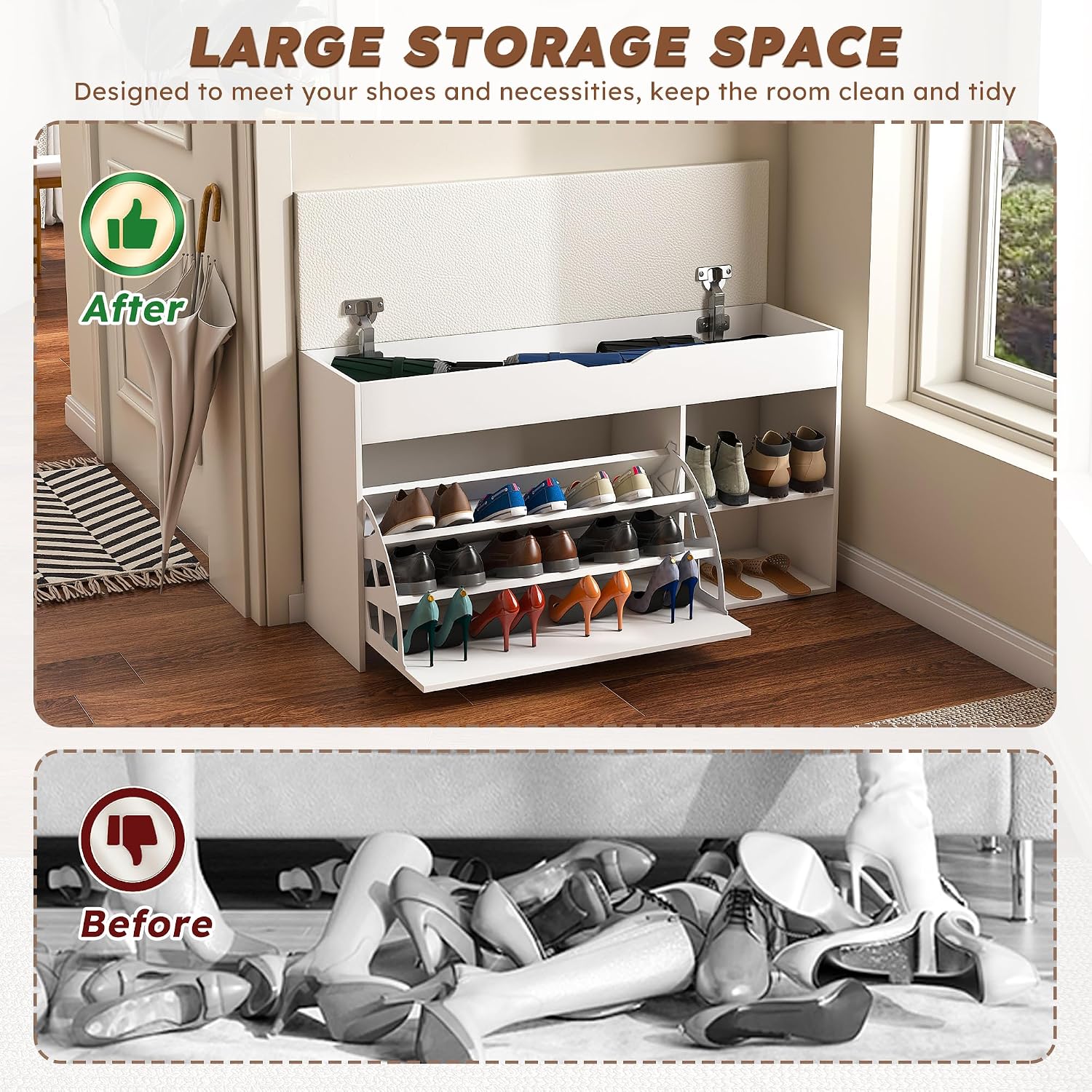 White Shoe Storage Bench, 3-Tier FlipUp Entryway Bench, 39.7 x 11.8X 20.47 Wooden Entry Way Shoe Cabinet, Hold up to 300 lb (A)