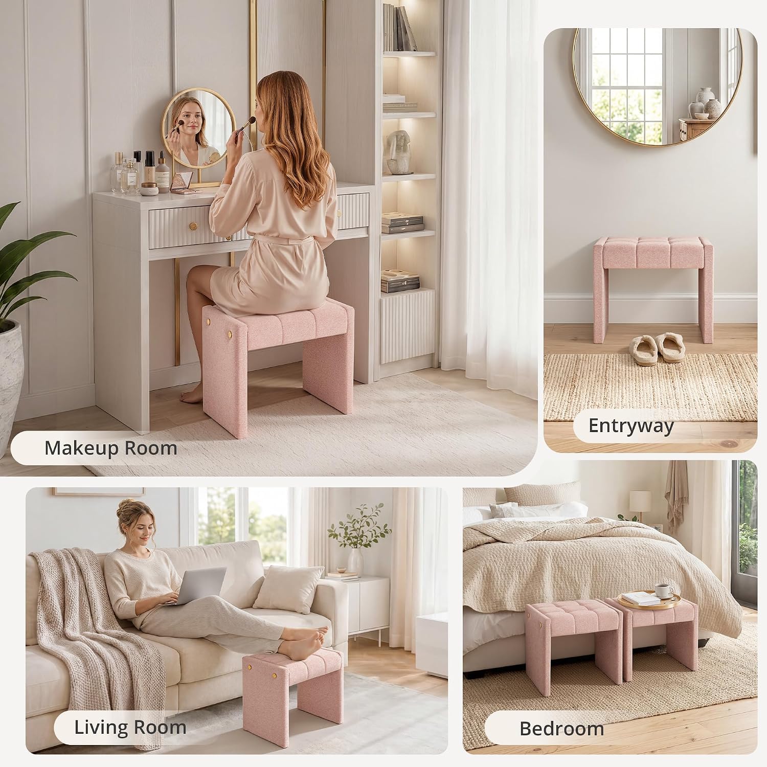 LUE BONA Modern Grid Tufted Vanity Bench Stool, 4.33'' Thick Chenille Upholstered Ottoman Footstool for Makeup Room, Bedroom & Living Room, 200lbs Capacity, Pink