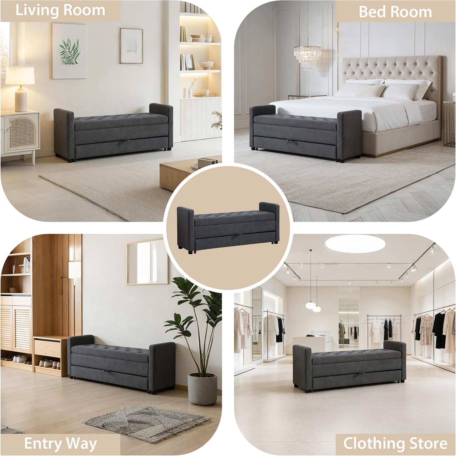 Chifee & Vingol 58.27" W Ottoman Bench with Double Storage Space, Upholstered End of Bed Storage Bench Entryway Shoe Benches,Gray